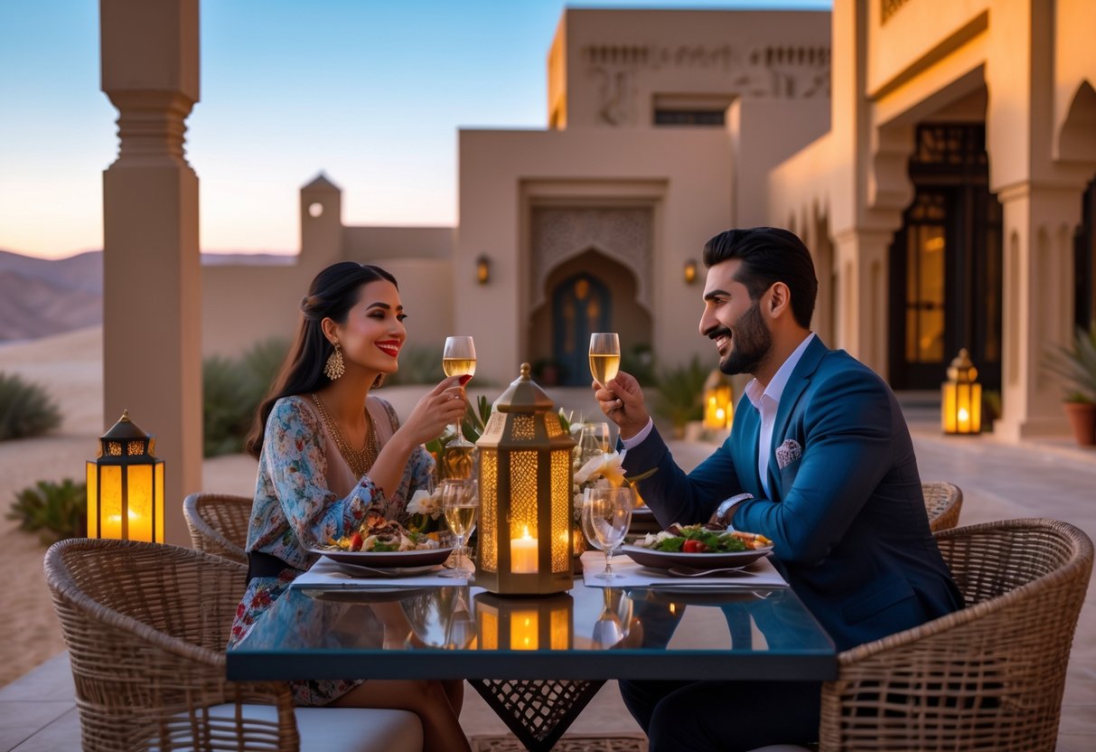 A couple enjoying an outdoor dinner at sunset with Qatari architecture and desert landscape in the background.