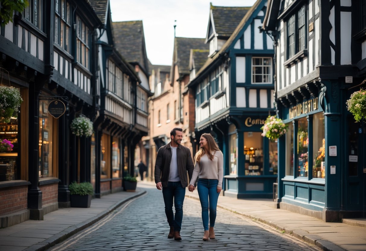 A couple walking hand-in-hand along cobblestone streets lined with medieval timber-framed buildings in a city center.