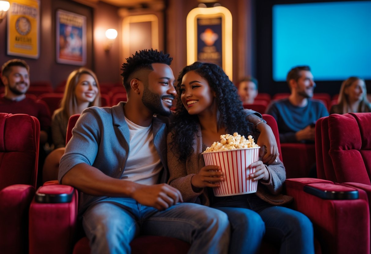 A couple sitting together in a local cinema enjoying a movie night, sharing popcorn in red theater seats.