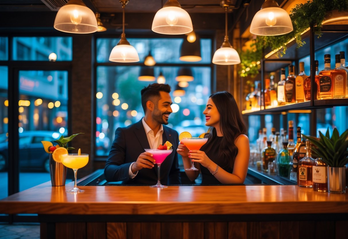 A couple enjoying cocktails together at a cozy bar with warm lighting and a city street visible through the windows.