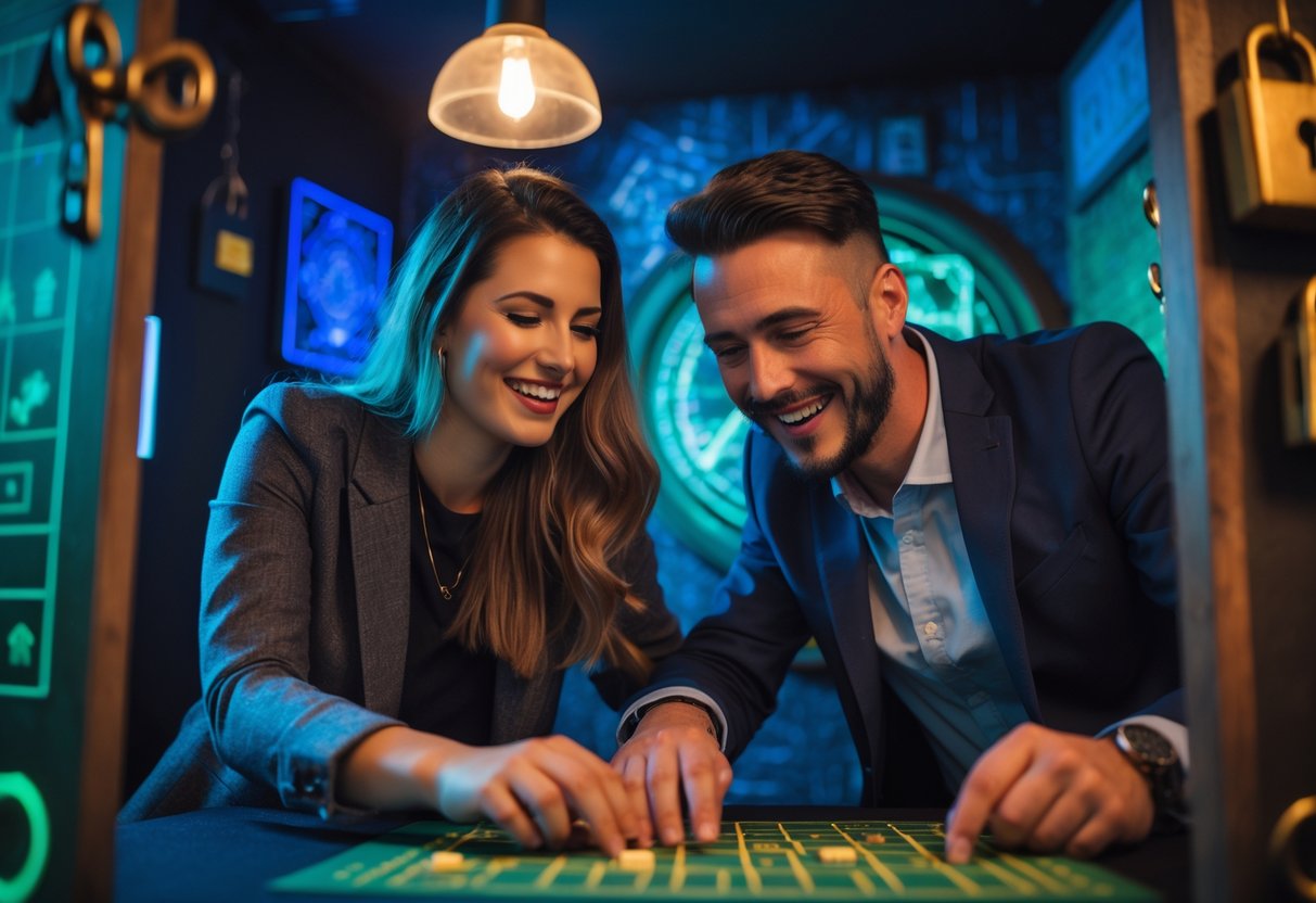 A couple working together to solve puzzles in an escape room, surrounded by themed decorations and dim lighting.