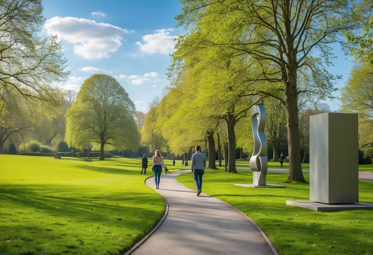 A couple walking along a path in a green park with ash trees and outdoor sculptures on a sunny day.