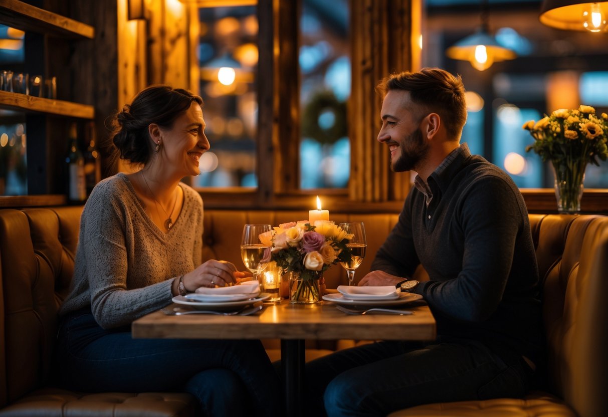 A couple enjoying a romantic dinner together at a cozy restaurant table with candlelight and flowers.