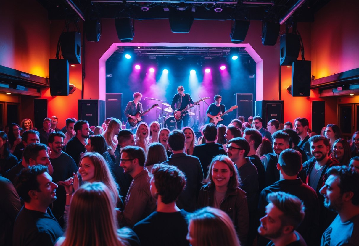 A crowd of people enjoying a live music performance inside a concert venue with colorful stage lights.