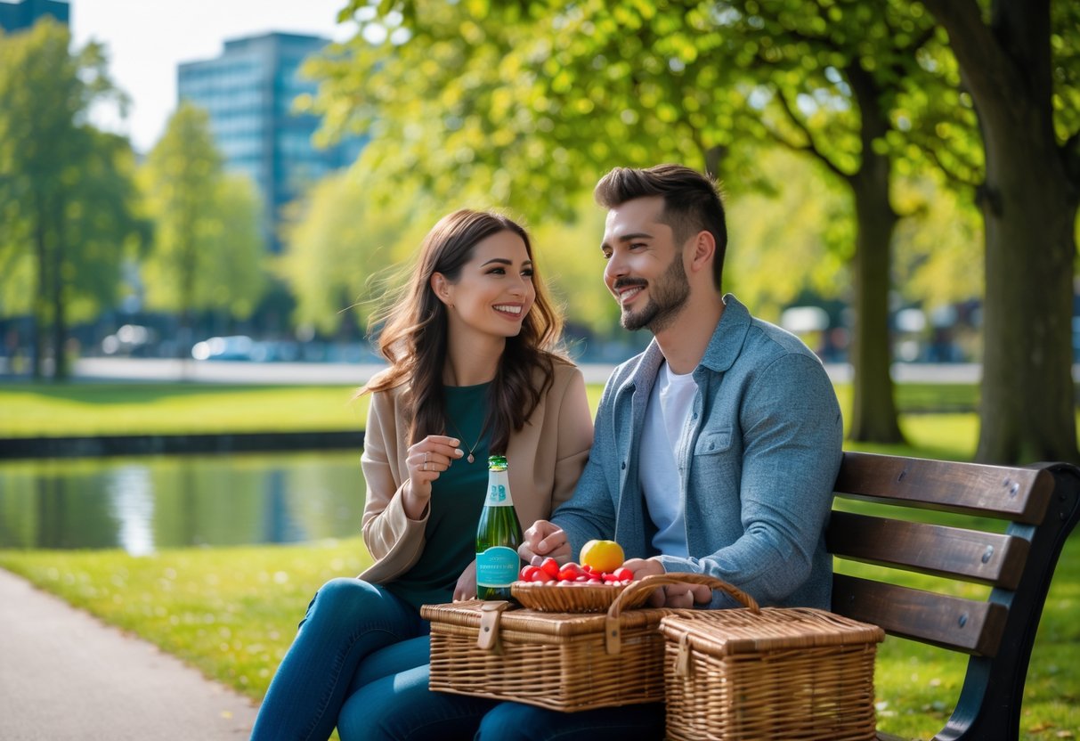 A young couple sharing a picnic on a bench in a green park near a lake in Craigavon.