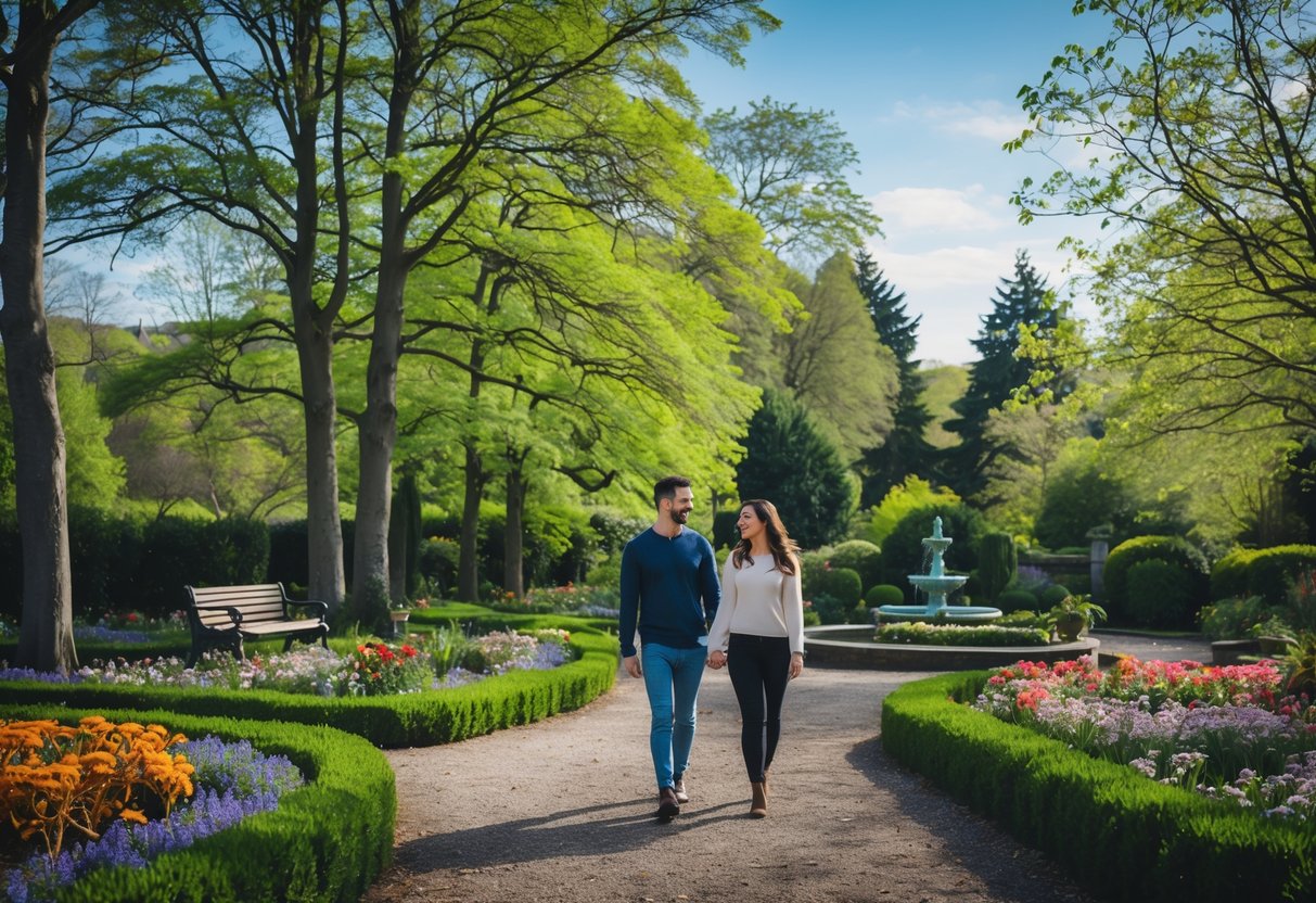 A young couple walking hand in hand along a garden path surrounded by trees and colorful flowers at Tannaghmore Gardens.