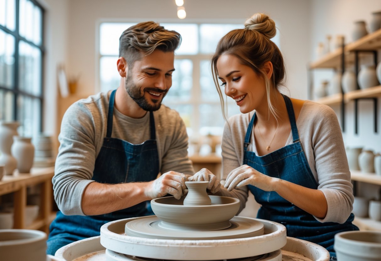 A couple shaping clay together at a pottery wheel in a bright pottery studio.