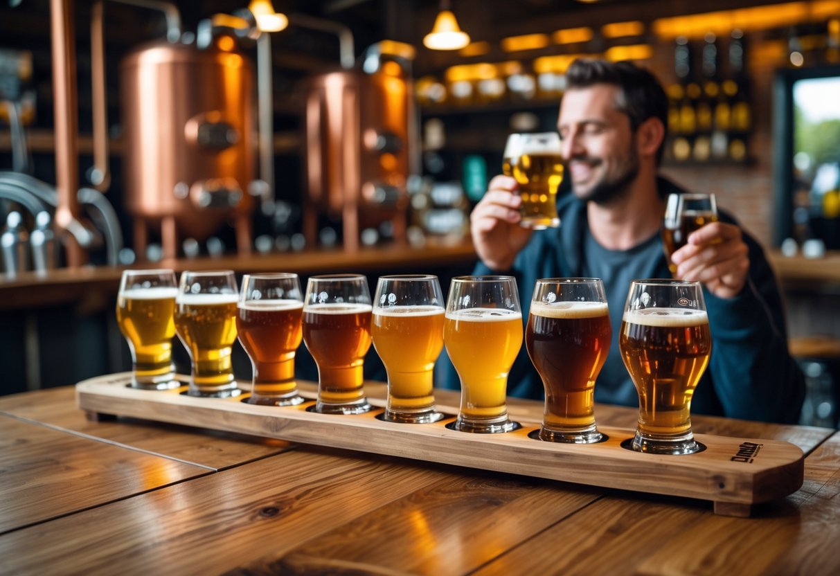 A wooden table with sample craft beers in small glasses at a local brewery, with two people enjoying the tasting experience.