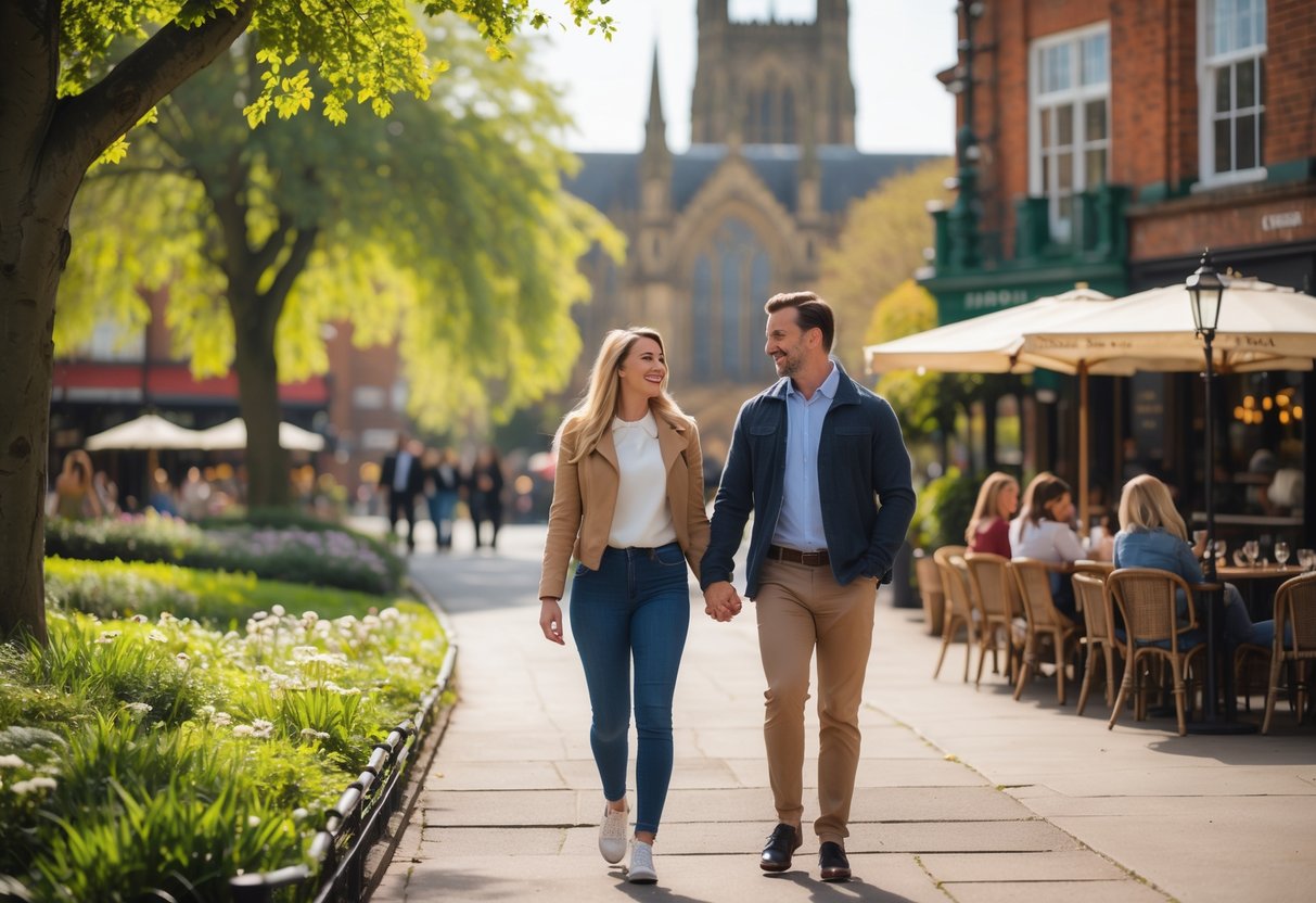 A couple walking hand-in-hand along a park pathway with trees and buildings in the background, enjoying a date outdoors.
