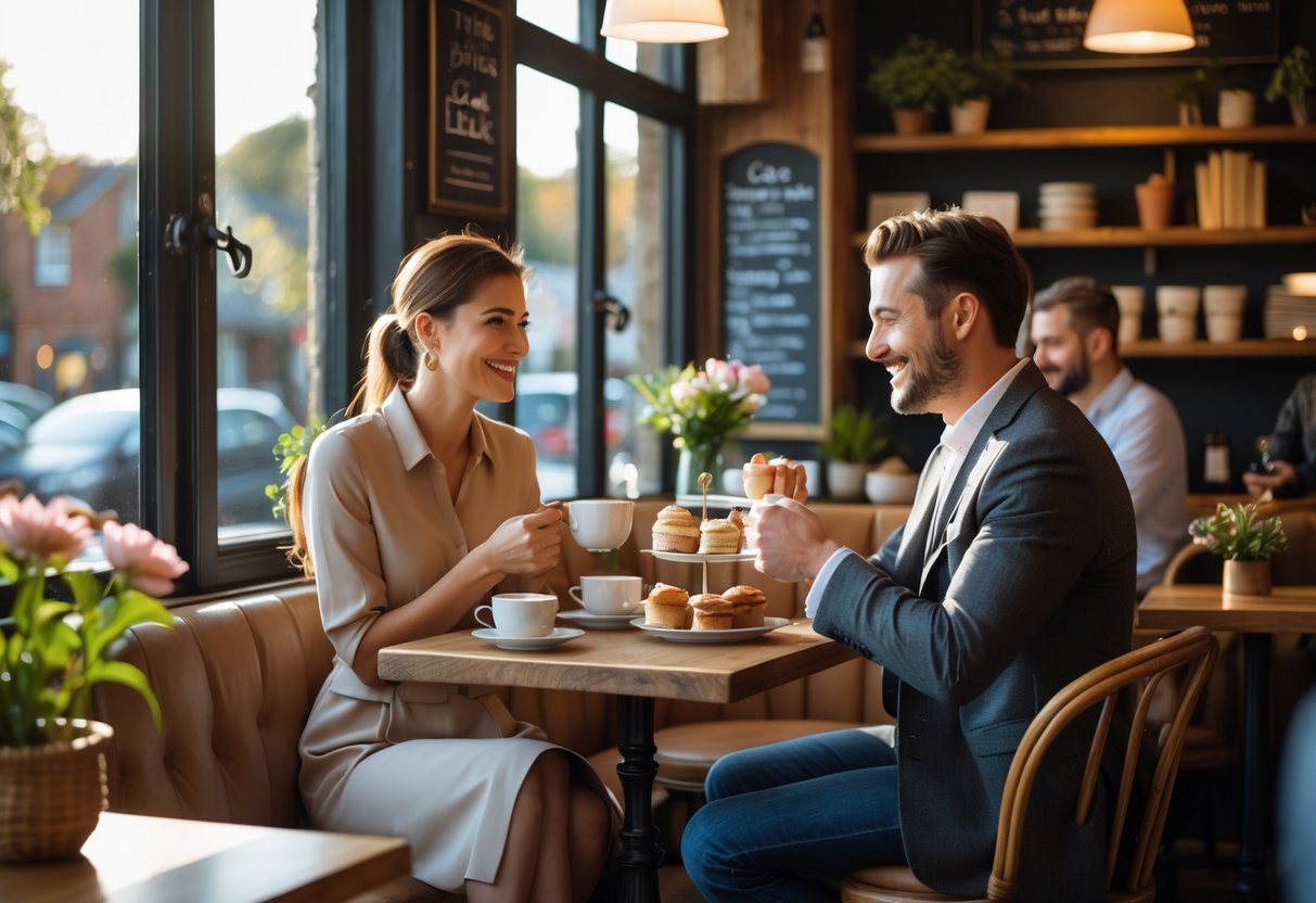A couple enjoying afternoon tea together at a small table in a cozy local café with pastries and teacups.