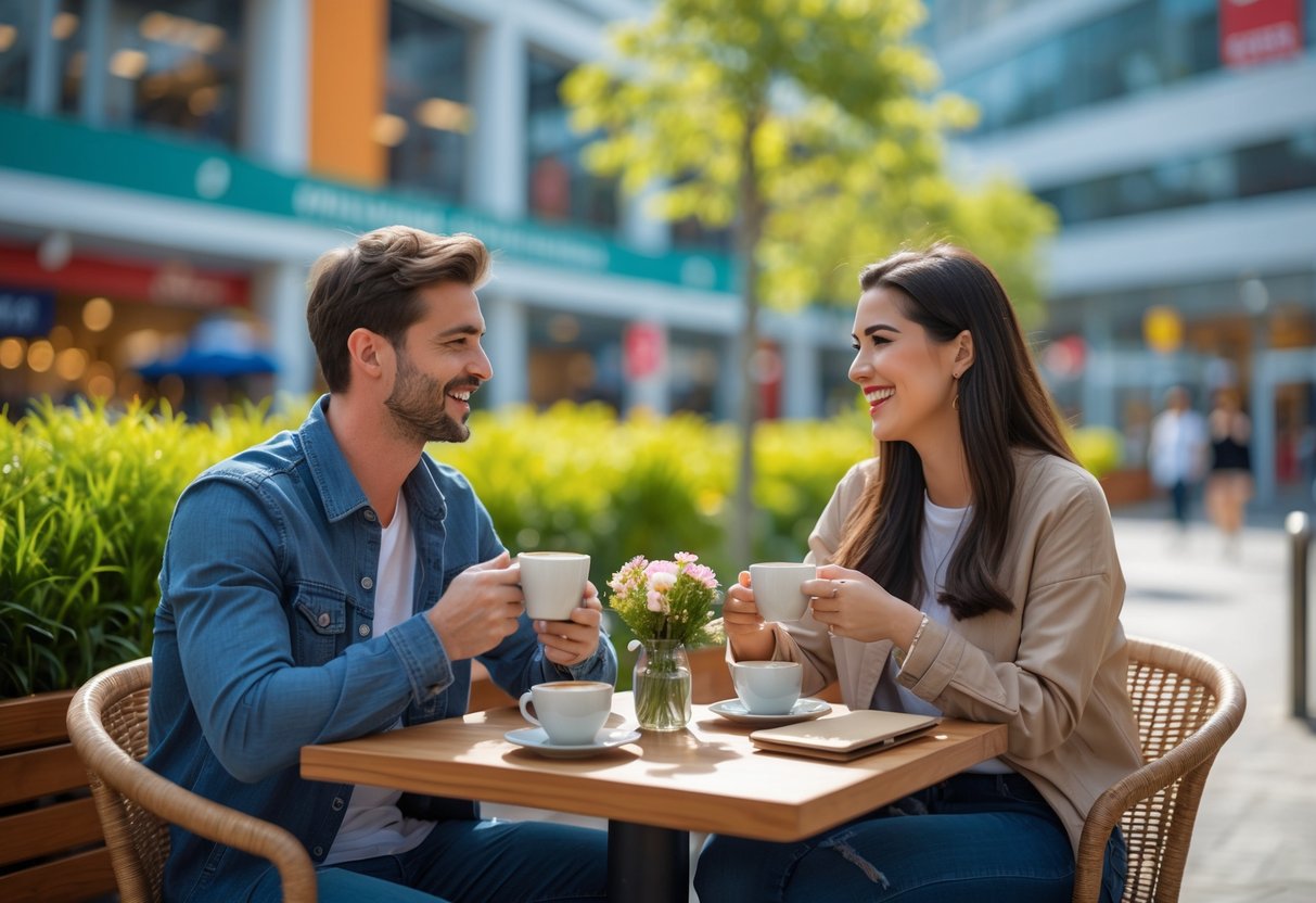 A young couple enjoying coffee together at an outdoor café table in a shopping mall.