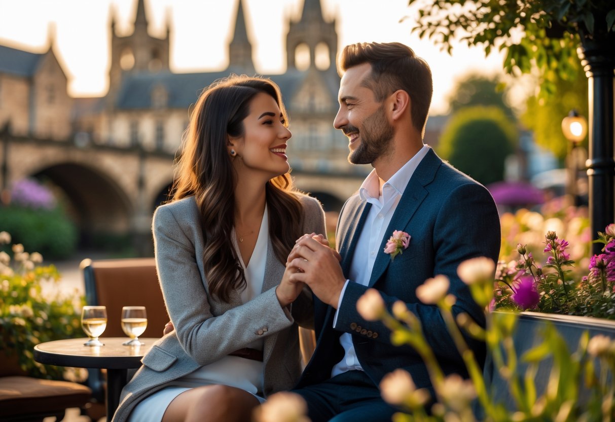 A couple enjoying a romantic outdoor date in a scenic location in Coventry with historic buildings and greenery in the background.