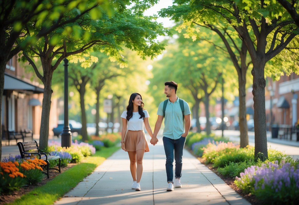 A young couple walking hand-in-hand along a tree-lined pathway surrounded by greenery and flowers.