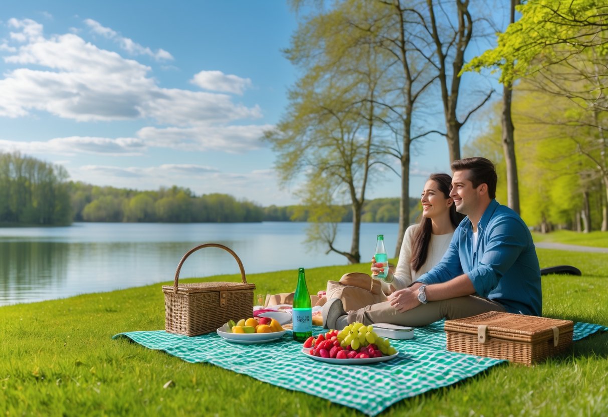 A couple having a picnic on a blanket by a lake surrounded by trees on a sunny day.