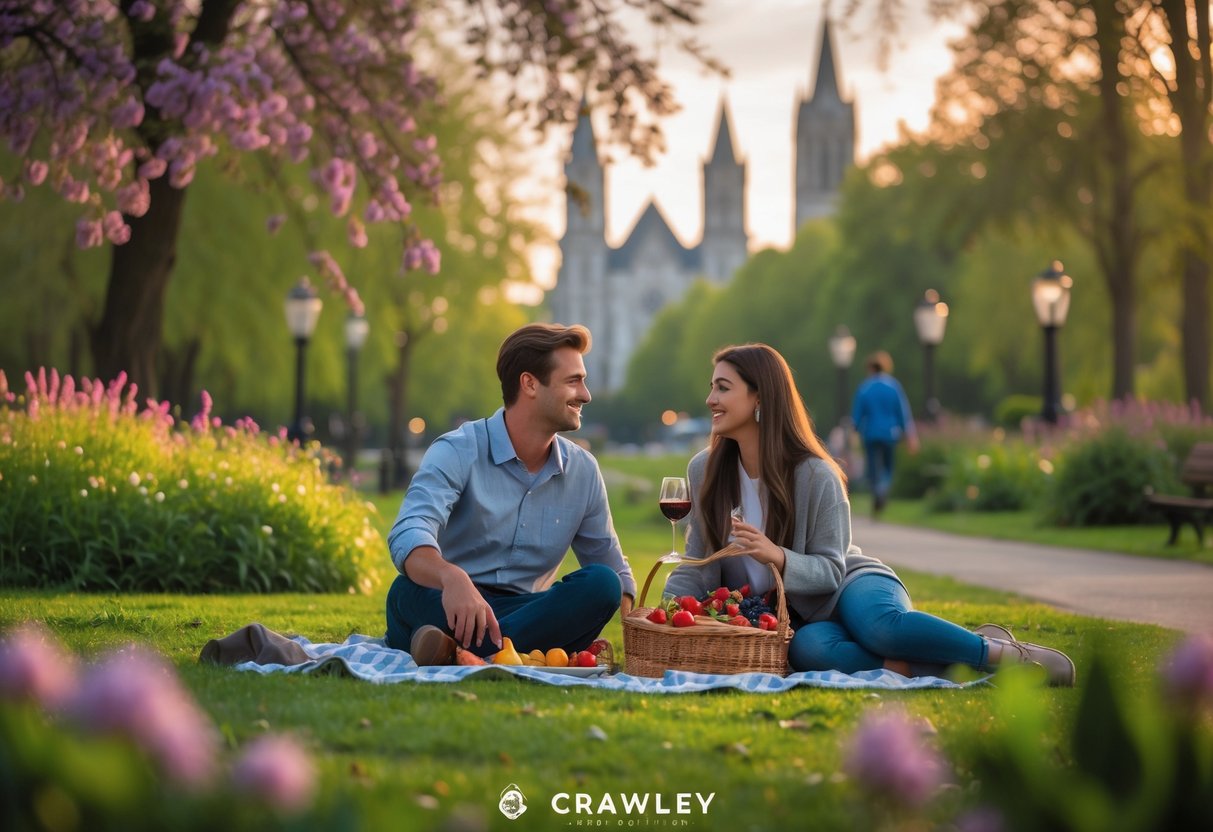 A young couple enjoying a picnic together in a green park with flowers and a walking path, with buildings visible in the background.