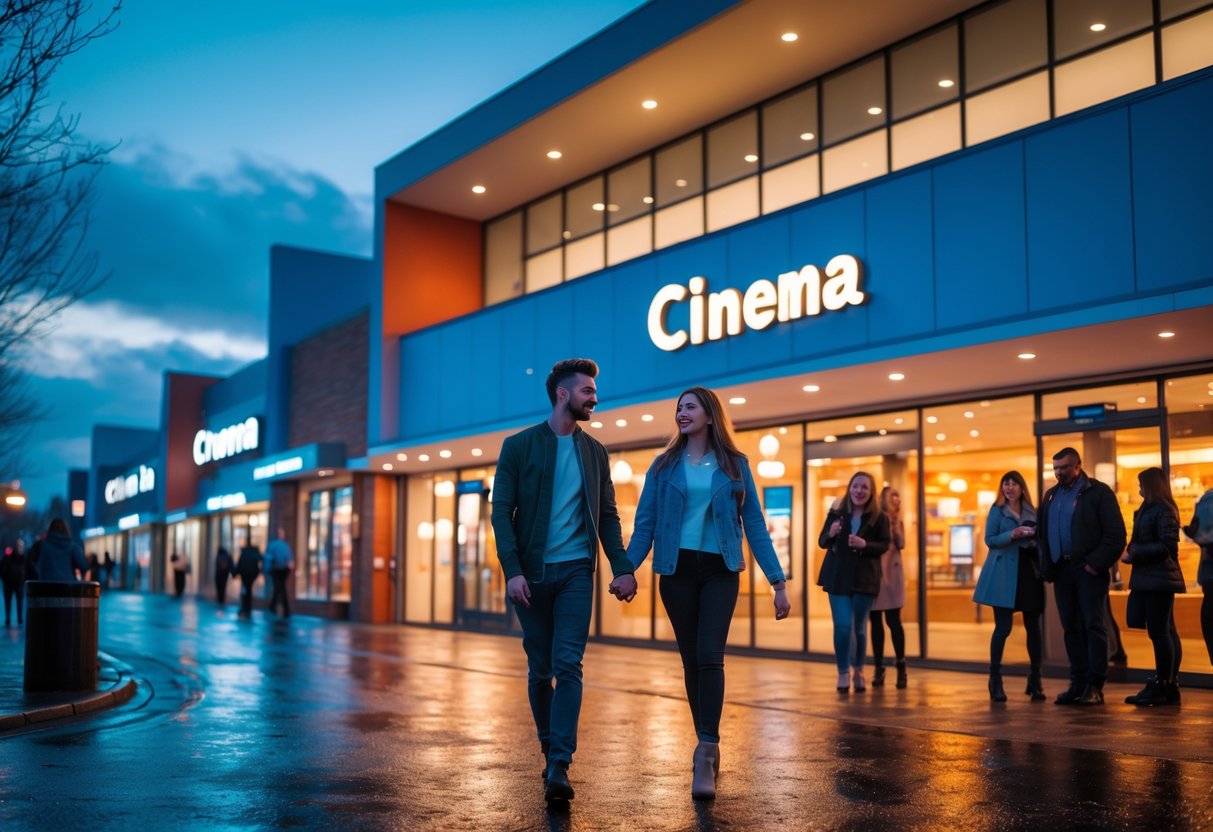 A young couple walking hand in hand towards a cinema entrance at Spires Retail Park during evening, surrounded by other people and retail stores.