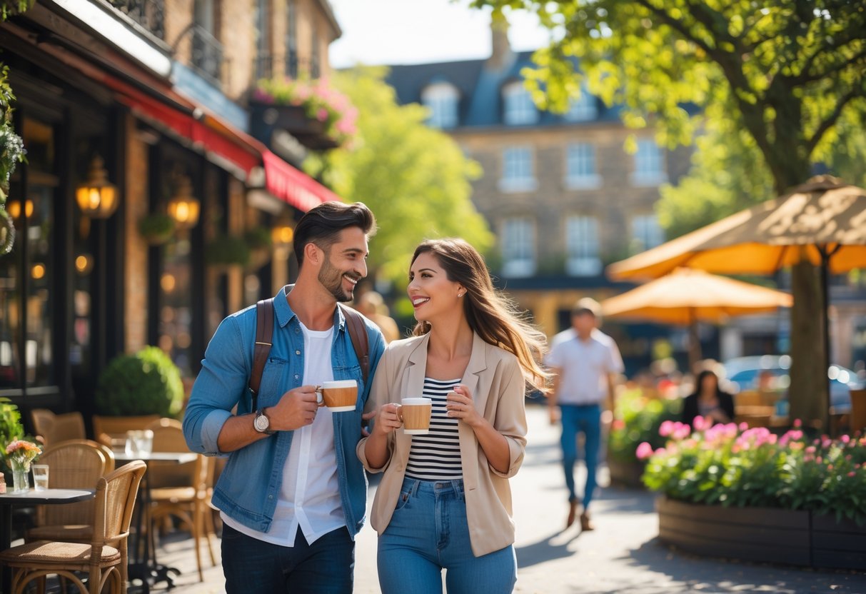 A smiling couple enjoying a sunny outdoor date in a park in Crawley, surrounded by greenery and other people.