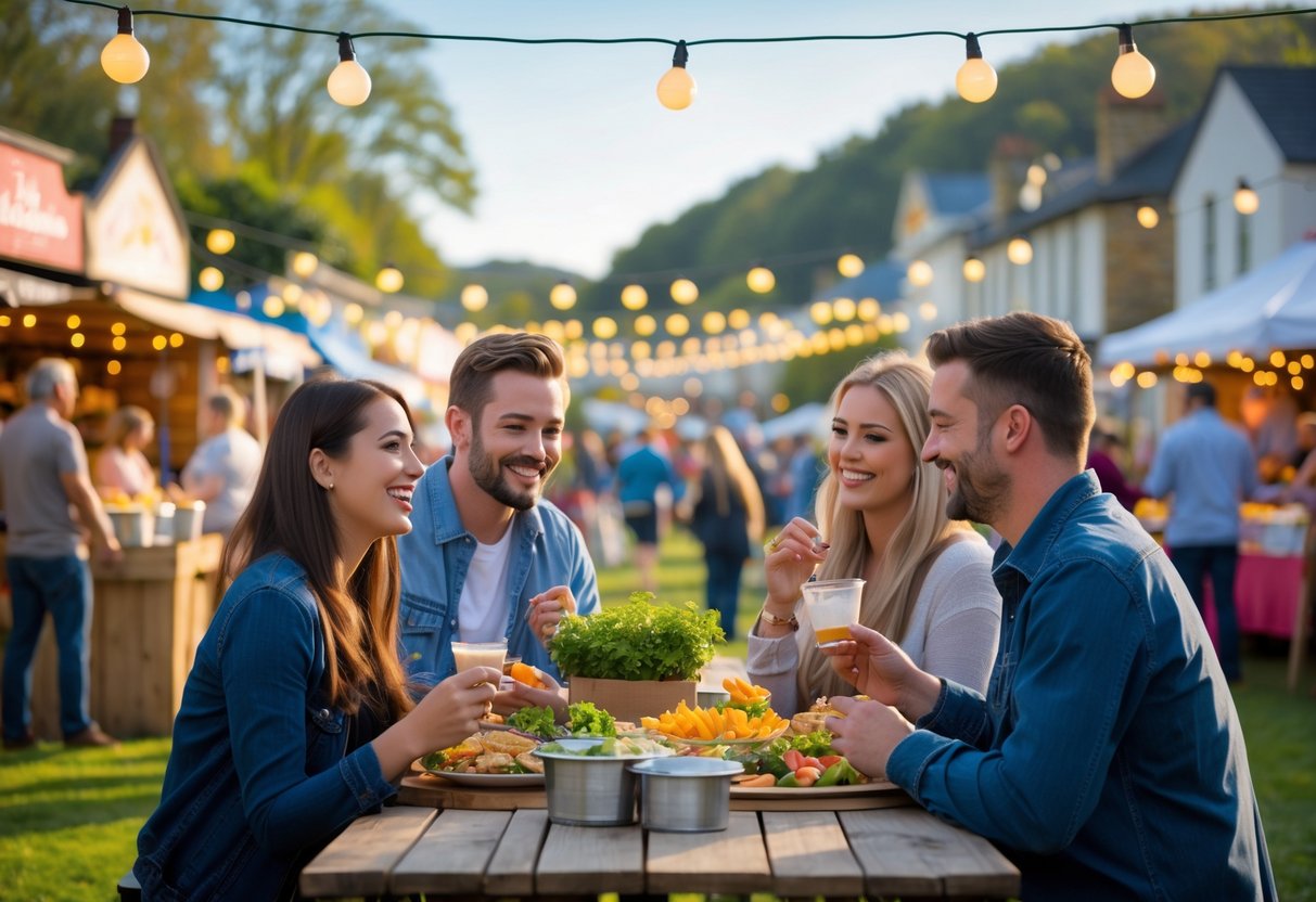 Couples enjoying a lively outdoor local festival with food stalls and decorations in a small town setting.