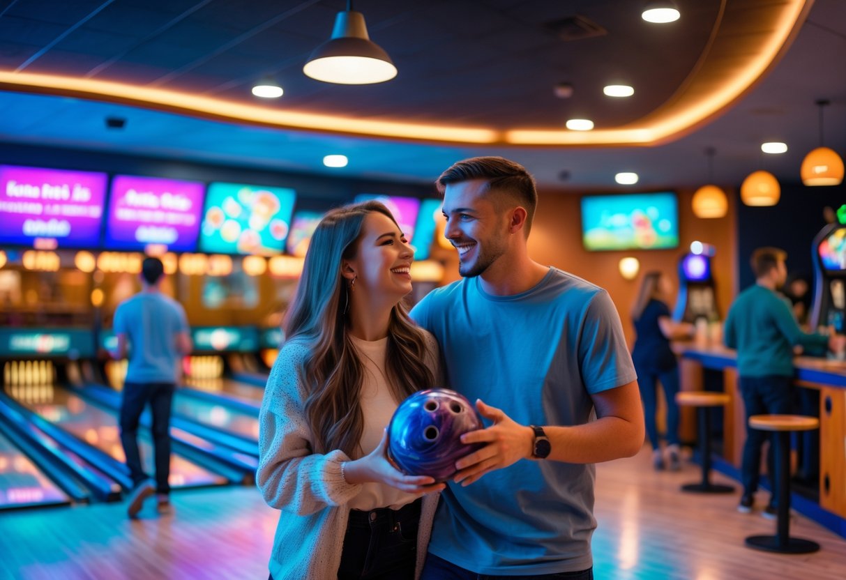 A young couple enjoying bowling and arcade games inside a lively leisure complex.