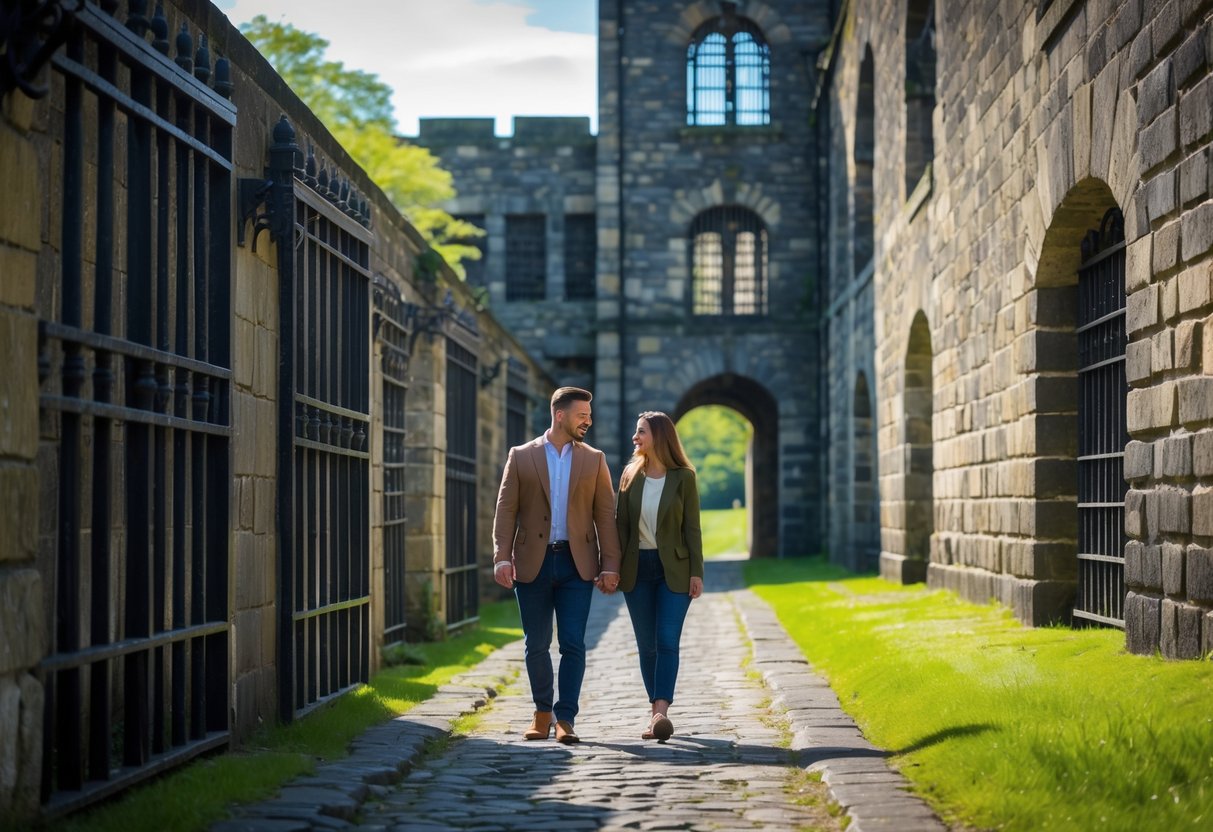 A couple walking along the stone walls of Armagh Gaol during a historical tour on a sunny day.