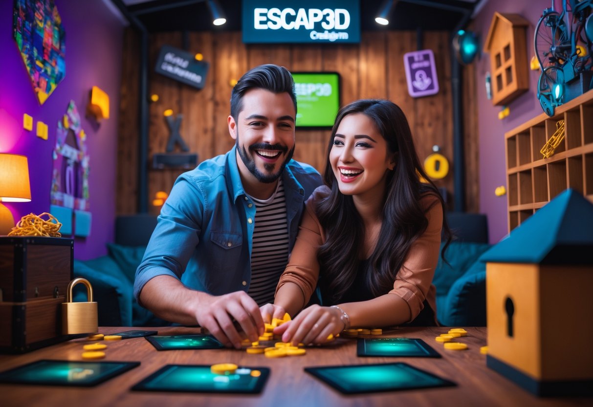 A couple working together to solve puzzles in an escape room, enjoying a fun date experience.