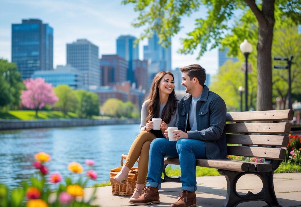 A young couple sitting on a bench by the river in Grand Rapids, smiling and enjoying a sunny day with the city skyline and trees in the background.