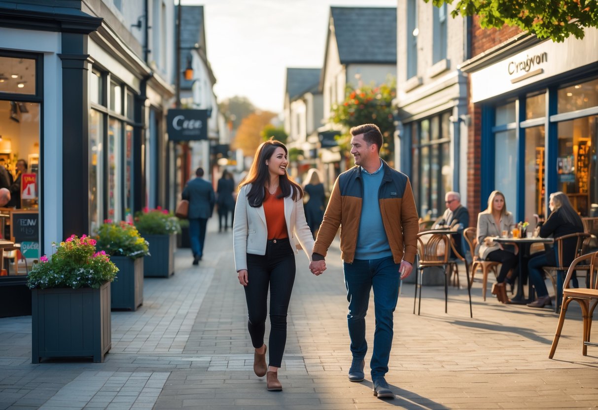 A young couple walking hand in hand past shops and outdoor cafes in a busy town centre with people dining and shopping around them.