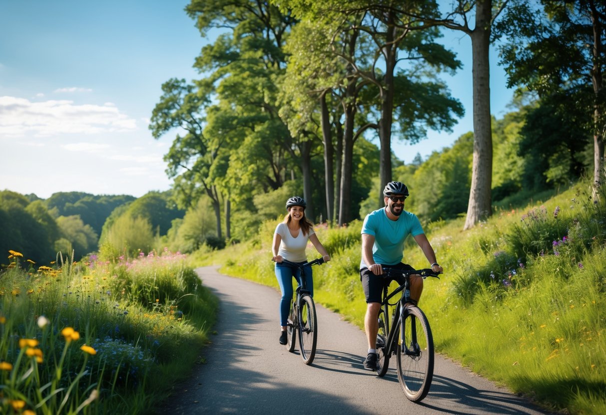 A couple riding bicycles together on a tree-lined trail surrounded by greenery and wildflowers.