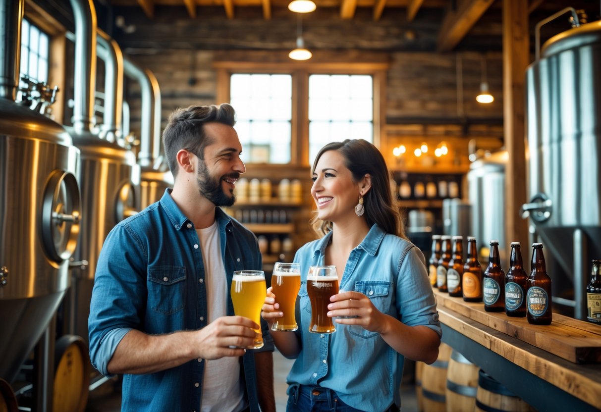 A couple enjoying a guided craft brewery tour with a guide inside a brewery, surrounded by brewing equipment and beer bottles.