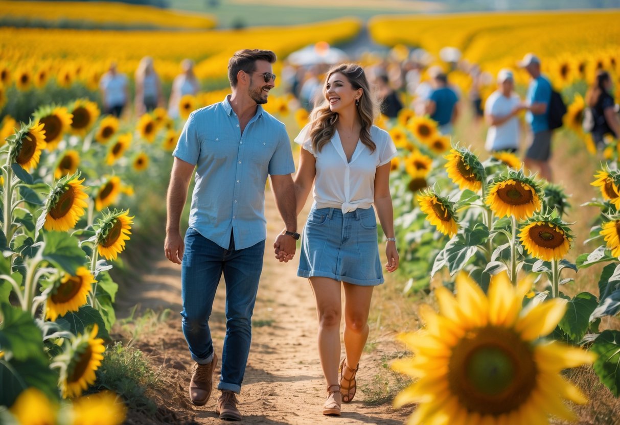 A couple walking hand in hand through a field of blooming sunflowers on a sunny day.