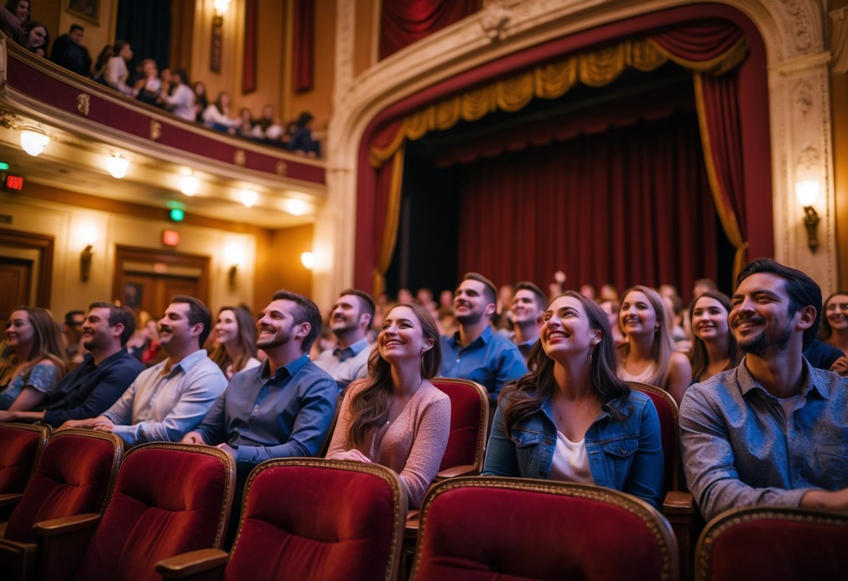 Audience of couples and friends enjoying a live performance inside the Grand Rapids Civic Theatre.