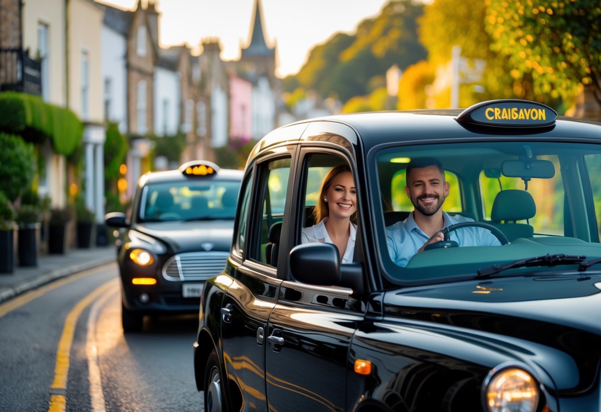 A smiling couple riding in a black taxi cab through a scenic street in Craigavon during sunset.