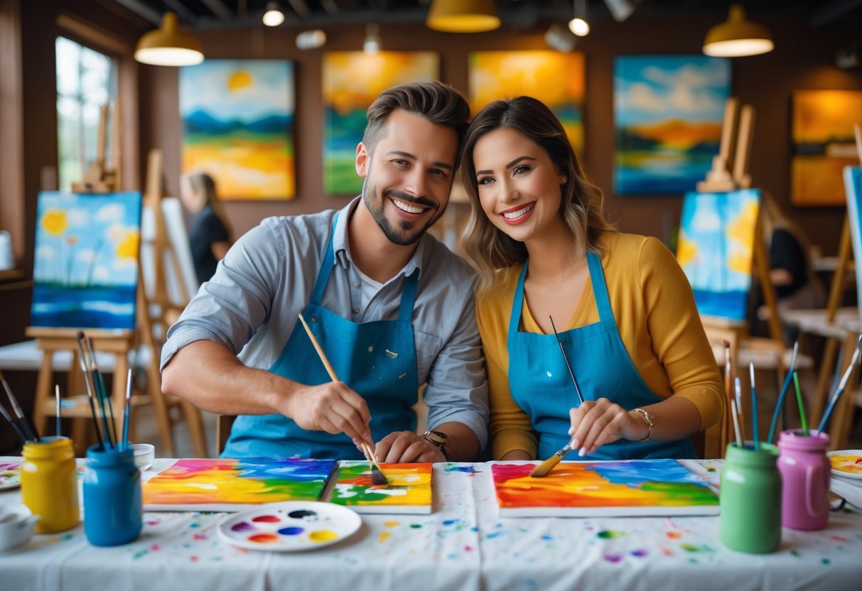 A couple smiling and painting together at an art studio during a painting class.