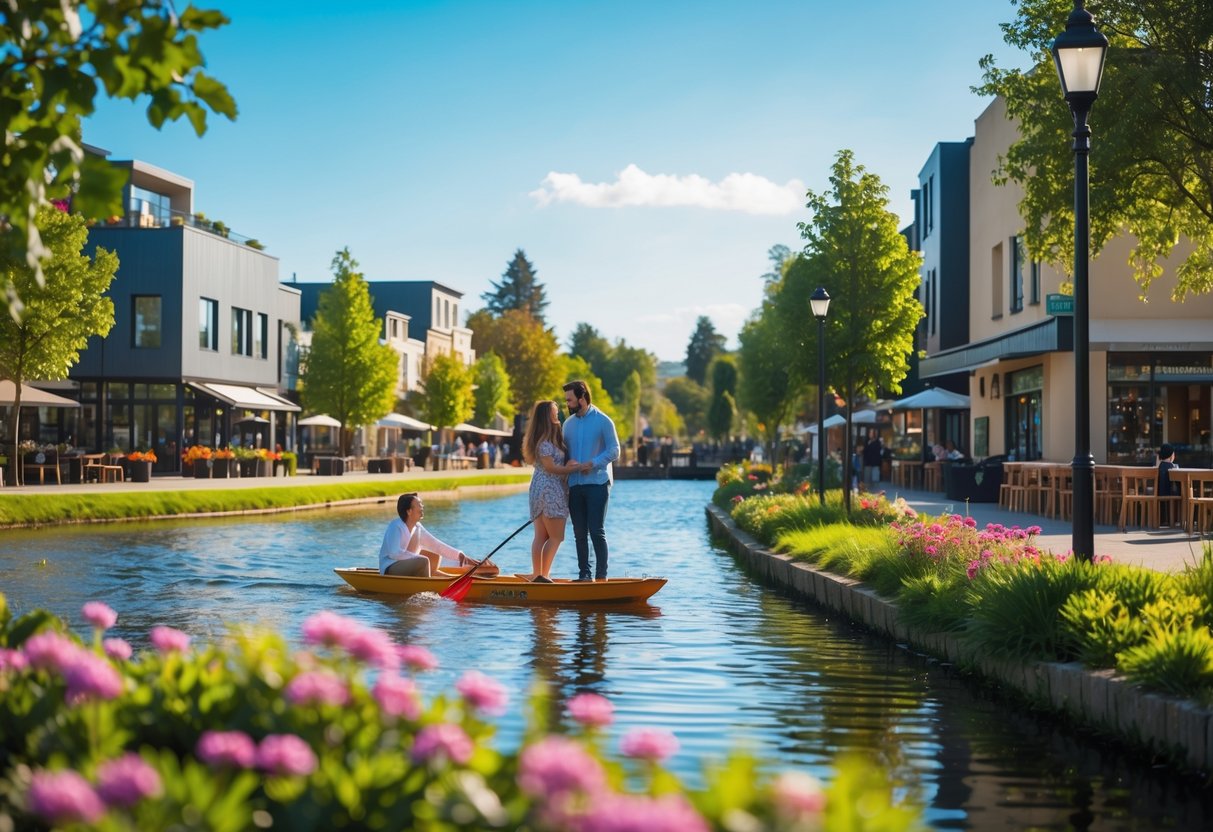 A couple enjoying a date outdoors in a green park near a lake with trees and buildings in the background.