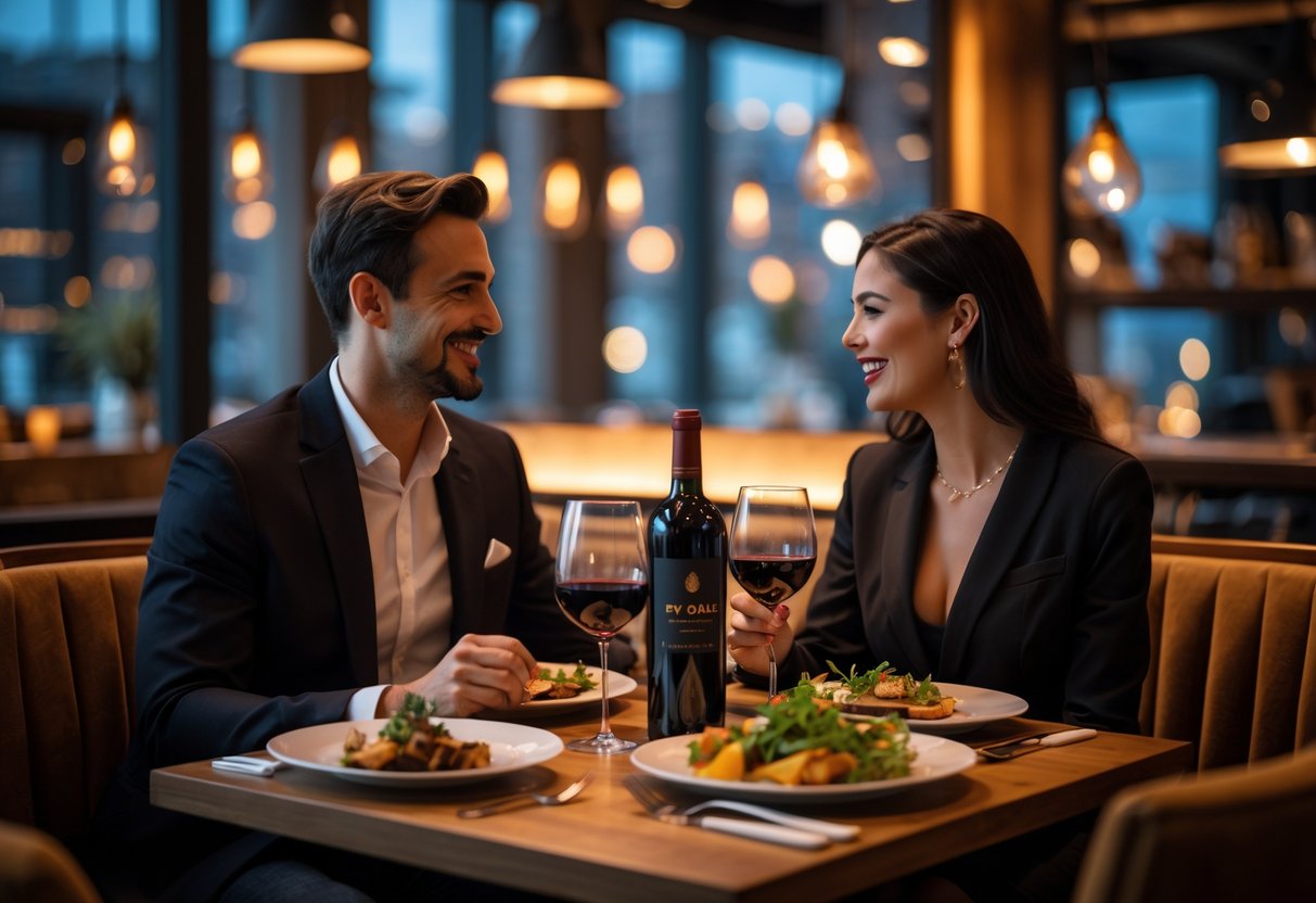 A couple enjoying a romantic dinner together at a stylish restaurant table with wine and gourmet food.