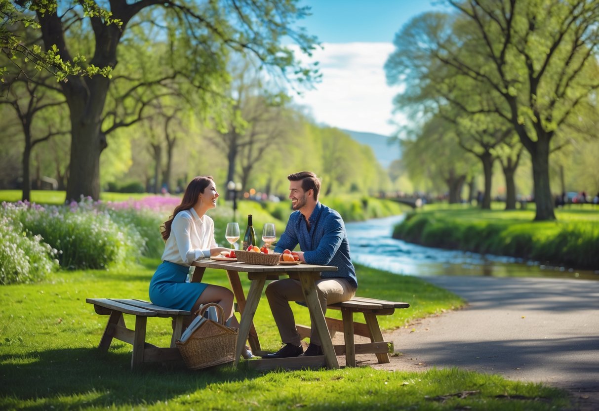 A young couple enjoying a picnic together in a sunny park with trees and a river in the background.