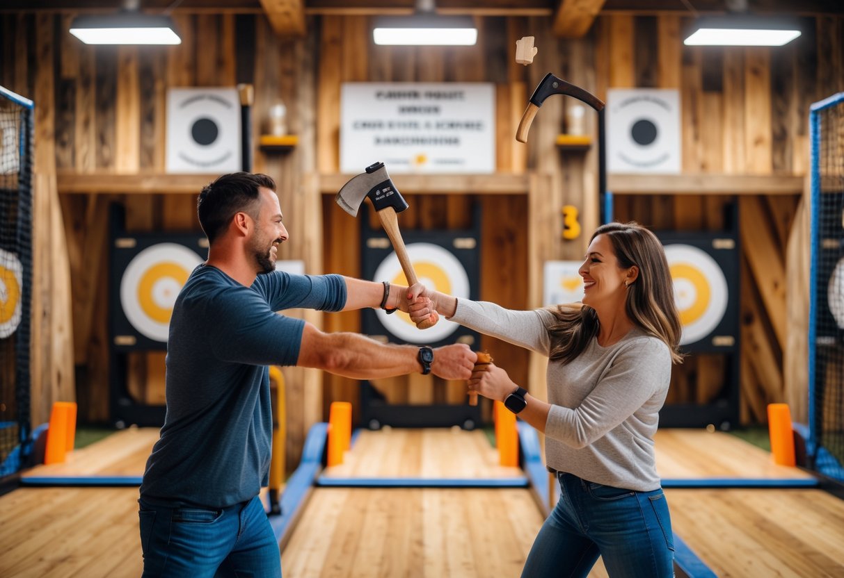 A couple enjoying axe throwing indoors at a venue with wooden targets and warm lighting.