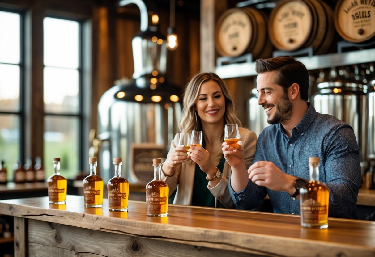 A couple tasting craft spirits together at a distillery bar with barrels and equipment in the background.