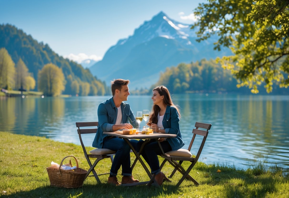 A young couple enjoying a picnic by a lake with mountains in the background.