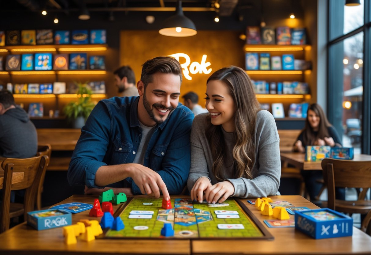 A couple playing board games together at a cozy café table surrounded by shelves of board games.