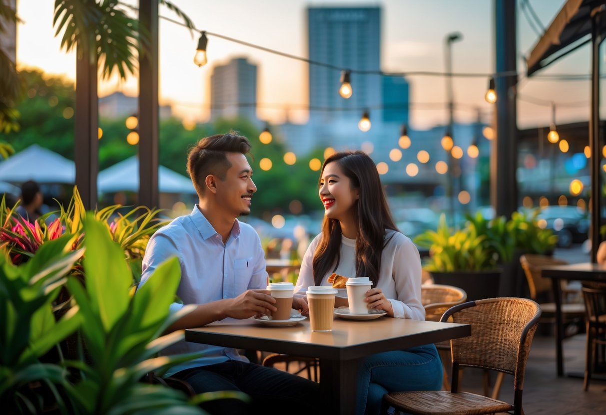 A young couple enjoying coffee together outdoors in a green urban park with city buildings in the background.