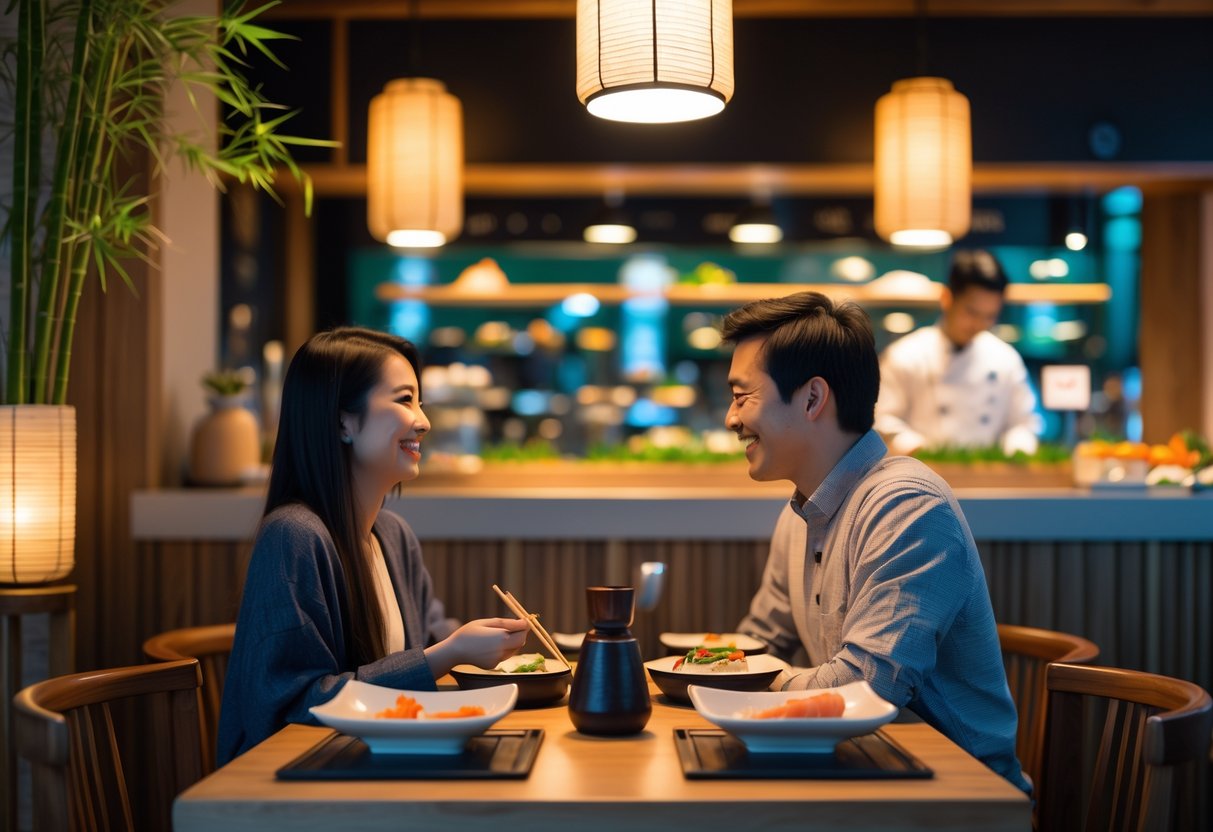 A young couple enjoying sushi together at a cozy restaurant with a sushi chef preparing food behind the counter.