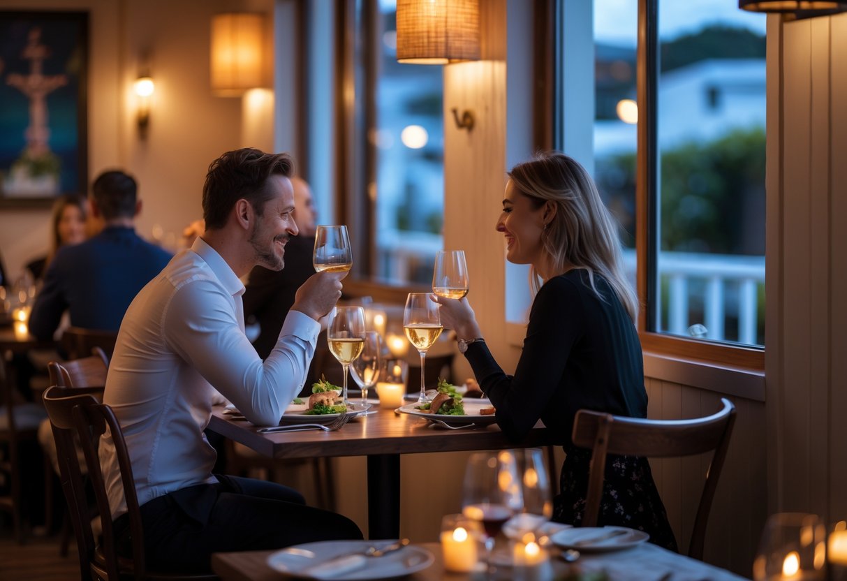 A couple enjoying a romantic dinner at a warmly lit restaurant table.
