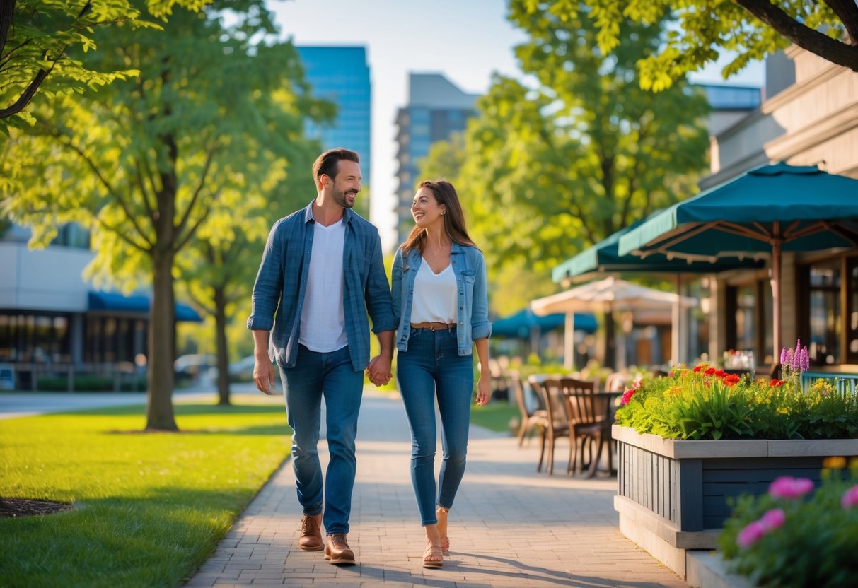 A happy couple holding hands and walking through a green park in Schaumburg, Illinois, with modern buildings and a café in the background.