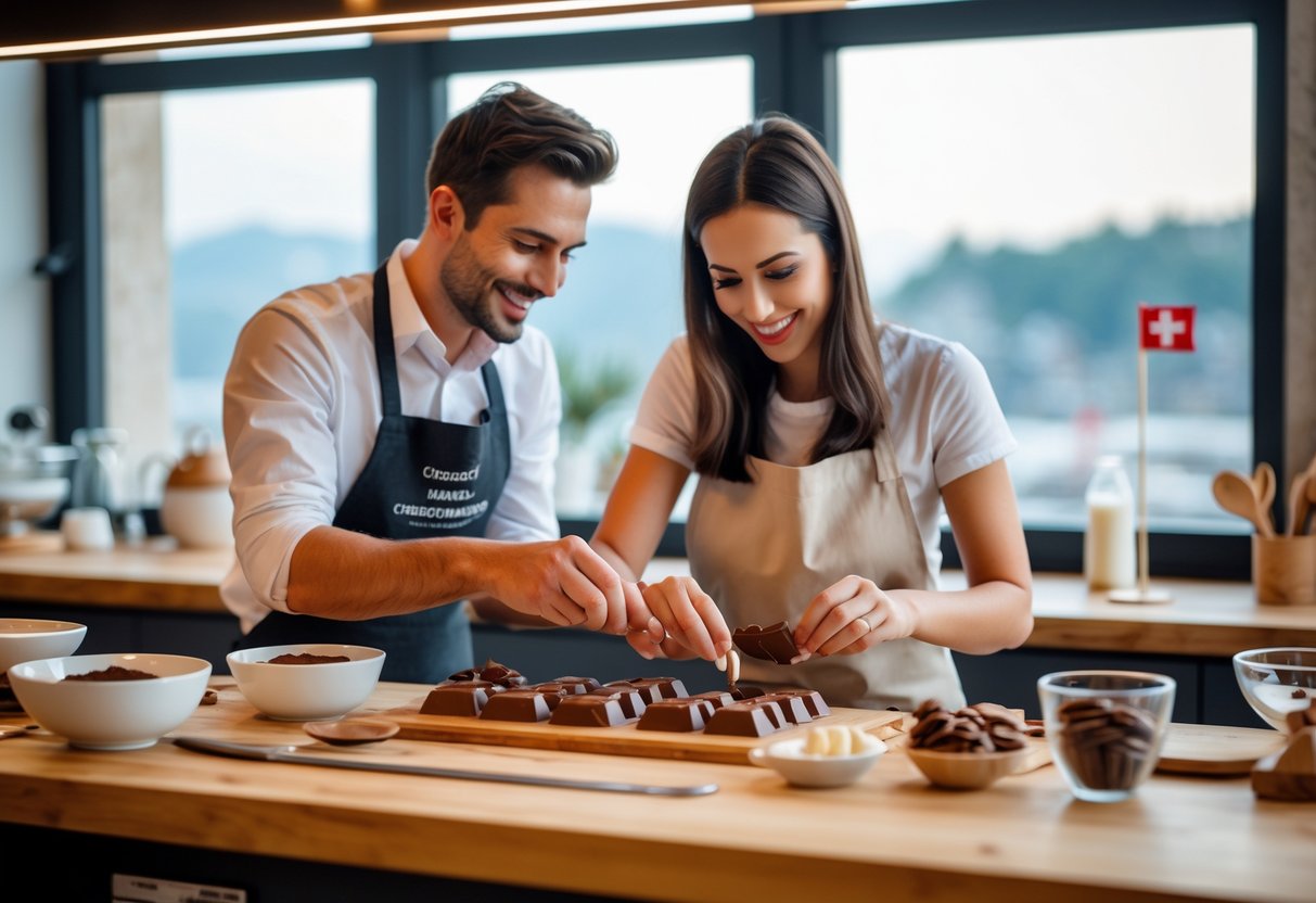 A couple making chocolates together in a bright workshop with chocolate-making tools and ingredients.