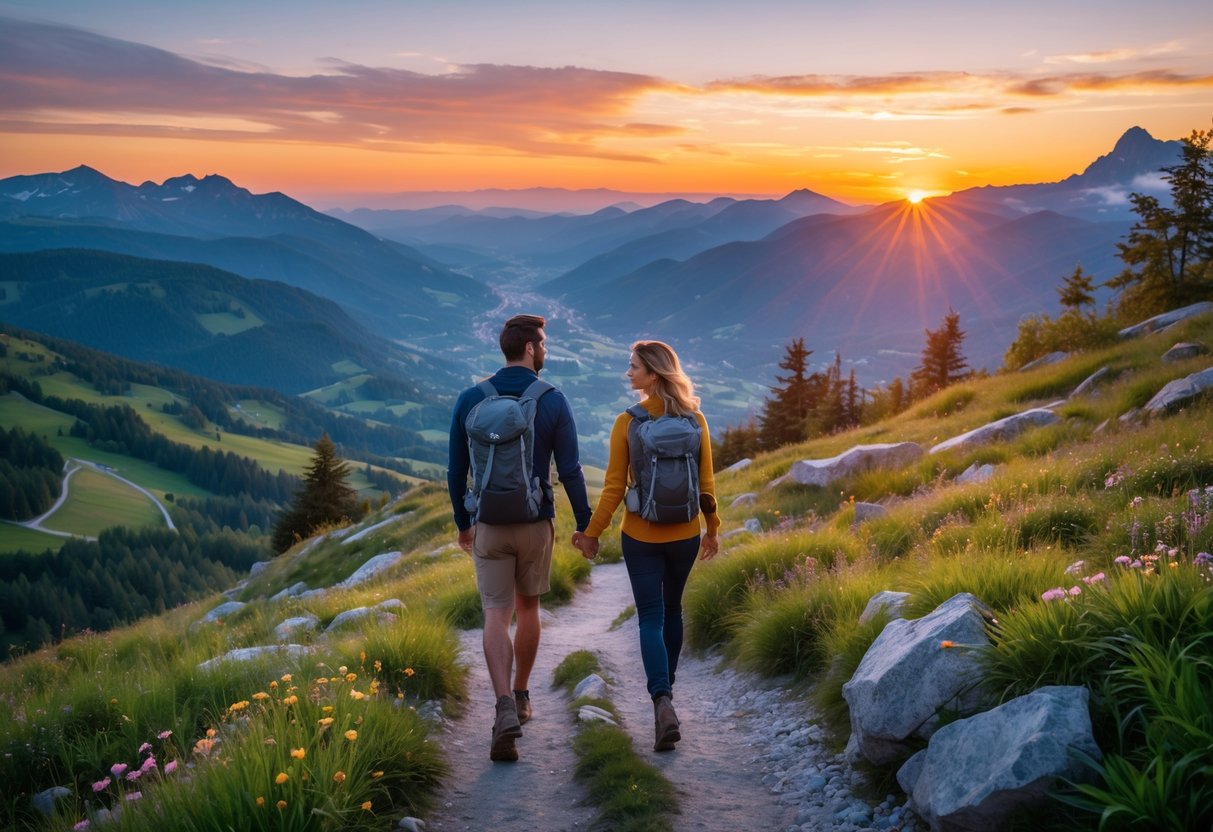 A couple hiking hand in hand on a mountain trail during sunset in the Jura Mountains, surrounded by forests and hills.