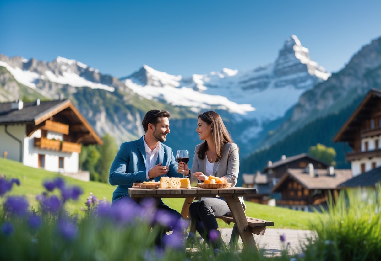 A couple enjoying a picnic outdoors with Swiss Alps and traditional chalets in the background.