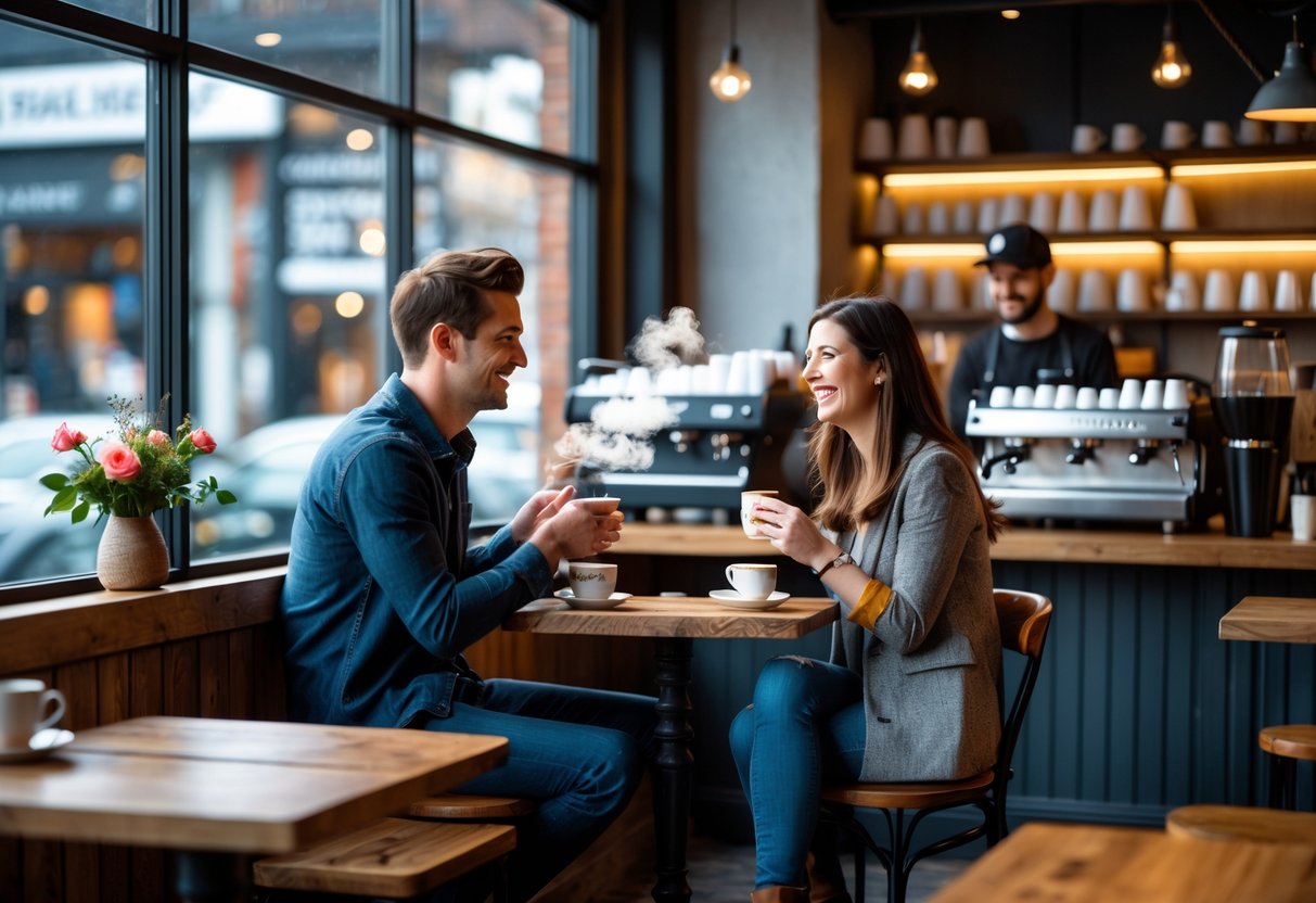 A young couple enjoying coffee together at a table inside a cozy coffee shop.
