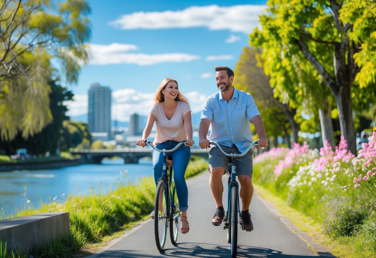 A couple riding a tandem bike together along a riverside path with trees and flowers in the background.