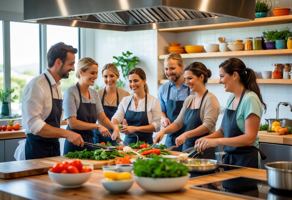 Couples cooking together in a bright, modern kitchen during a cooking class.